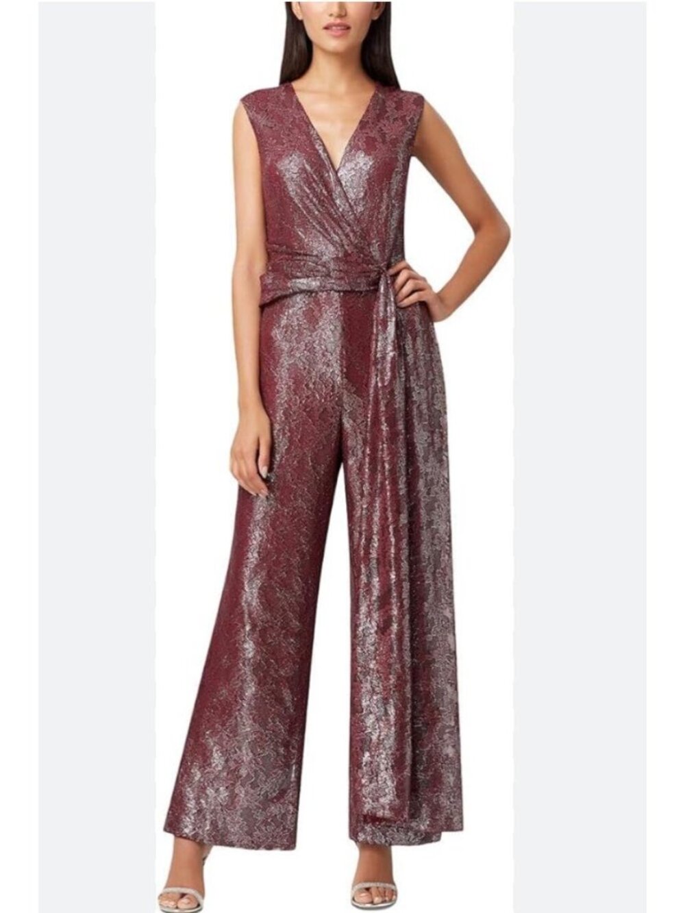 Tahari ASL Women's Burgundy Foil Lace Faux Wrap Sleeveless Jumpsuit Size 6